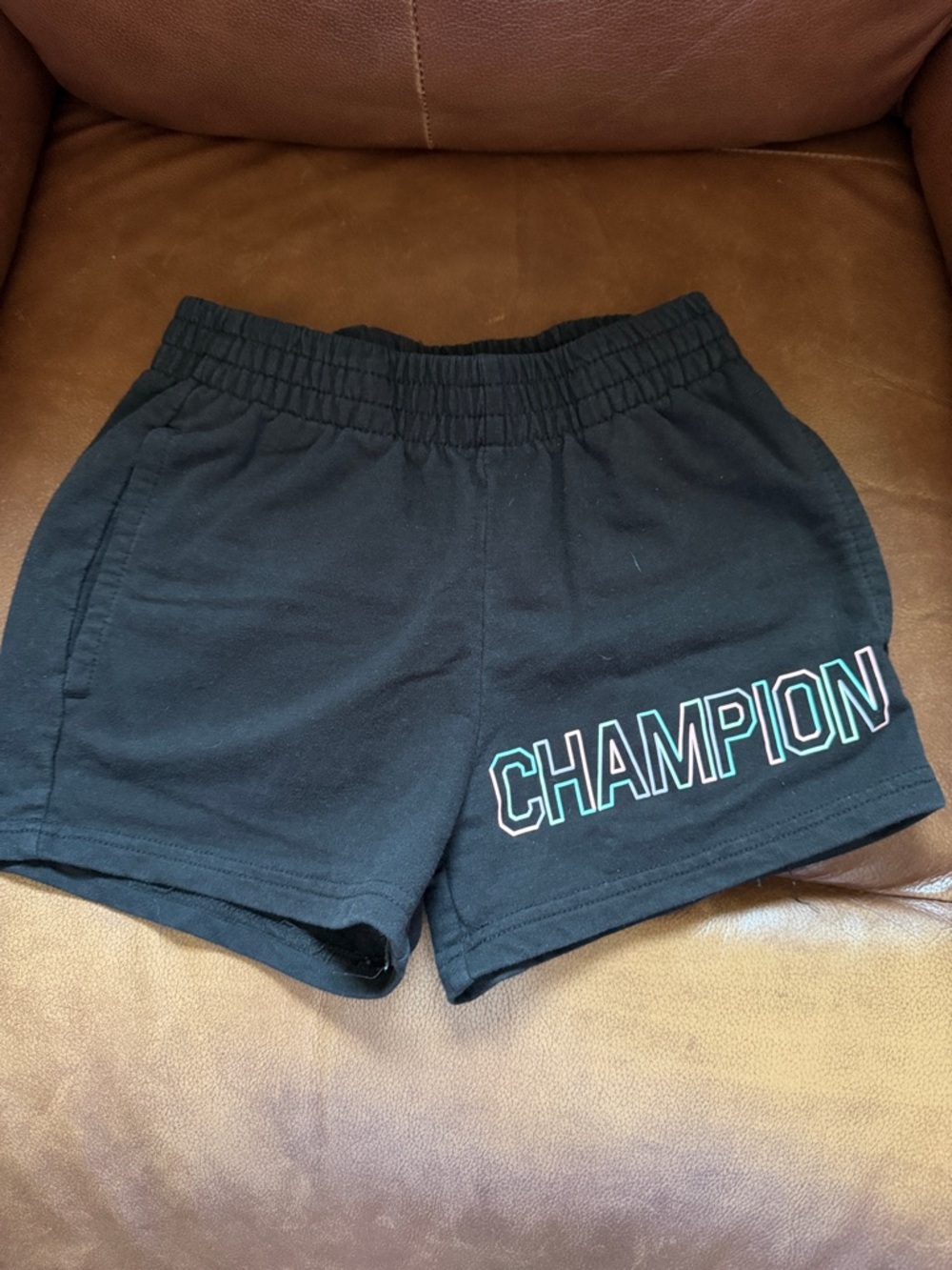 Girls Champion Black Athletic Logo Shorts with White & Teal Trim Size Small